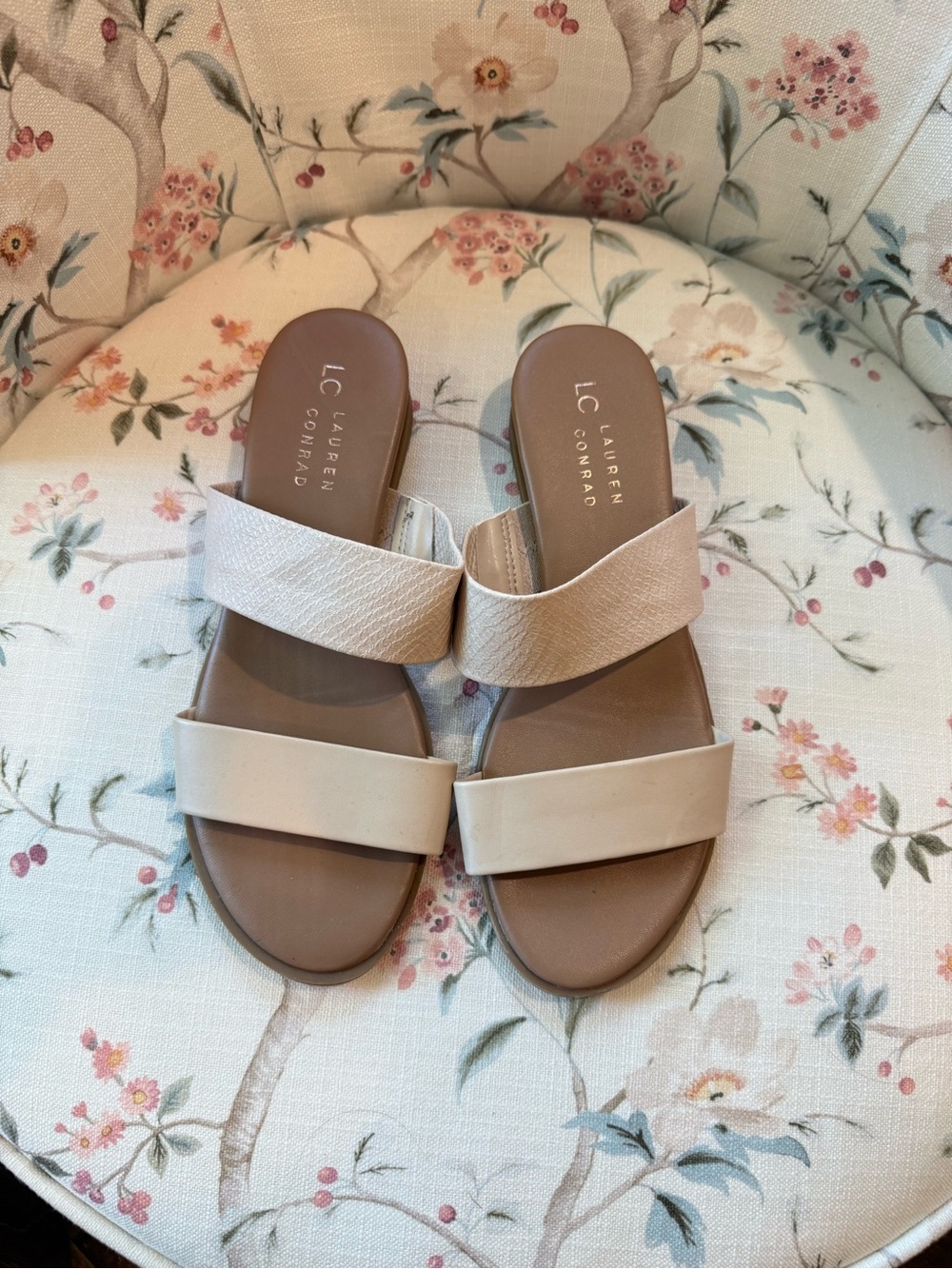 LC Lauren Conrad Two-Strap Slide Sandals in Light Beige